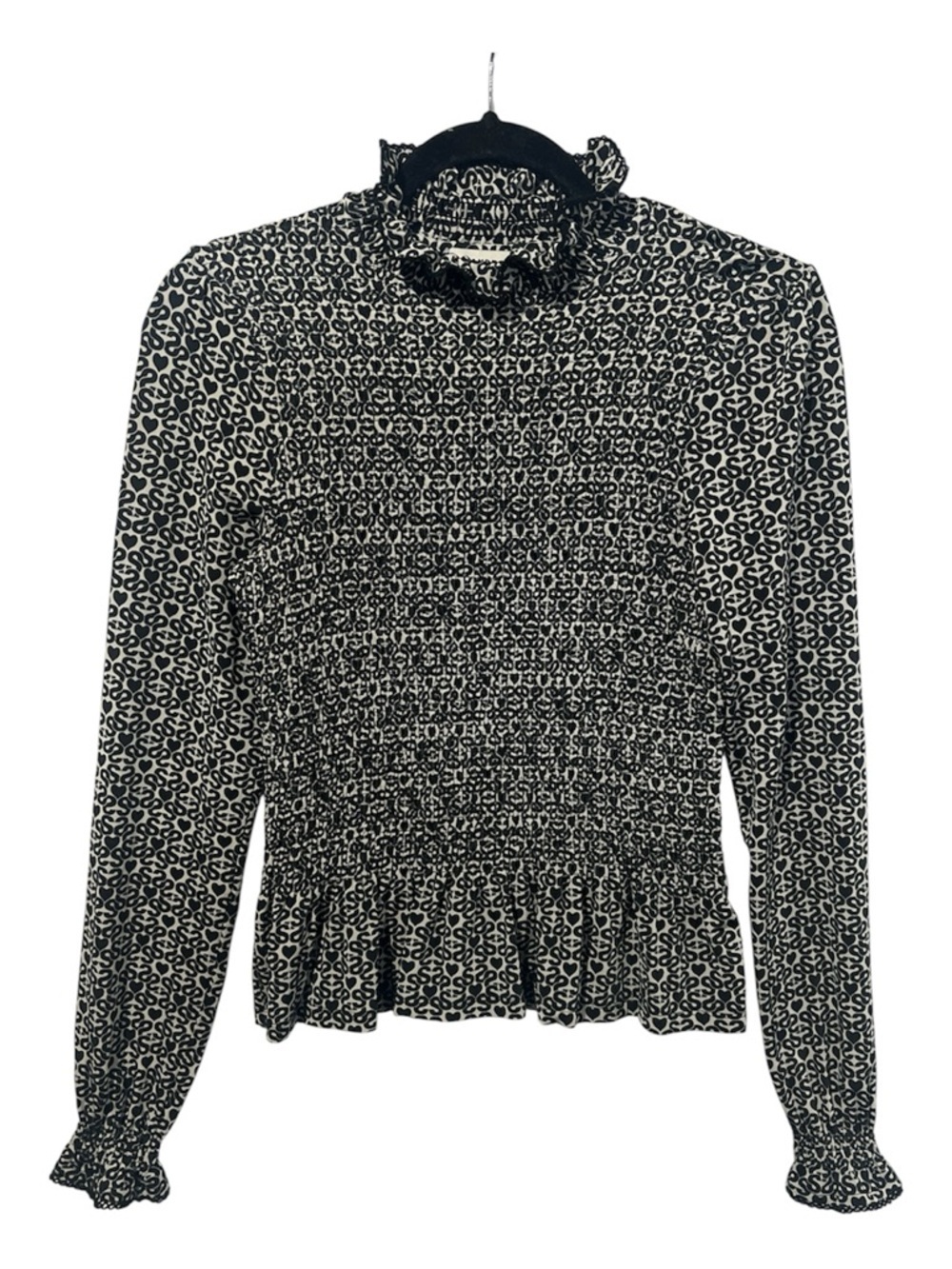 Sandro Blouse Women’s Size 0 Black Monogram Print Mockneck Smocked Top